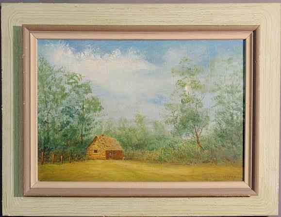 Appraisal: Oil on canvas landscape painting of a log cabin signed