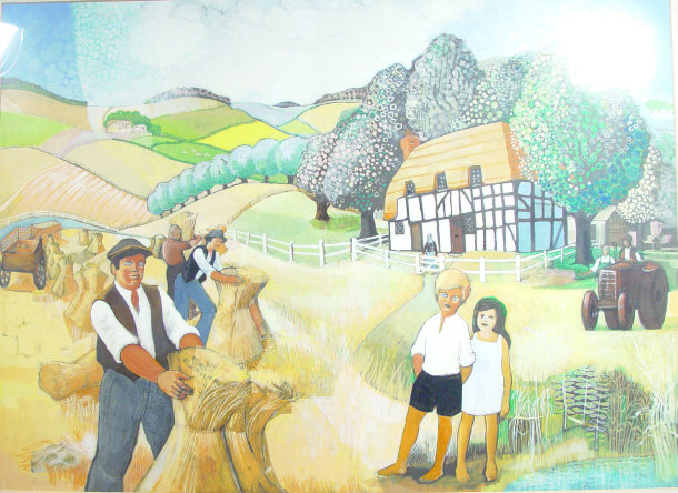 Appraisal: Michael Manning - Large rural painting of children watching farmers