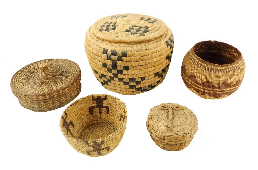 Appraisal: Five woven baskets including three Native American details include Hupa