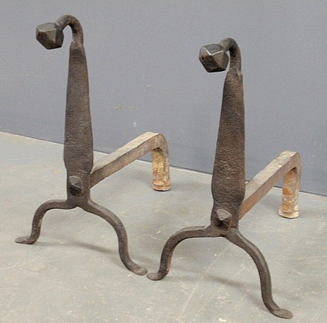 Appraisal: - Pair of wrought iron andirons th c with faceted