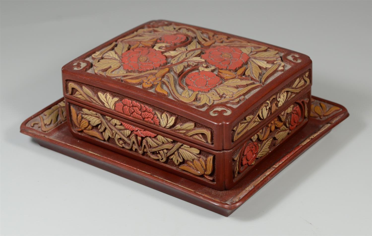 Appraisal: Japanese carved lacquer box and undertray tray x box x