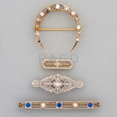 Appraisal: ART DECO GOLD BROOCHES AND PIN k gold crescent brooch