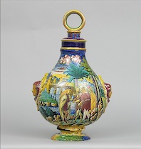 Appraisal: Italian Majolica Istoriato Style Lidded Urn Flattened bulbous form with