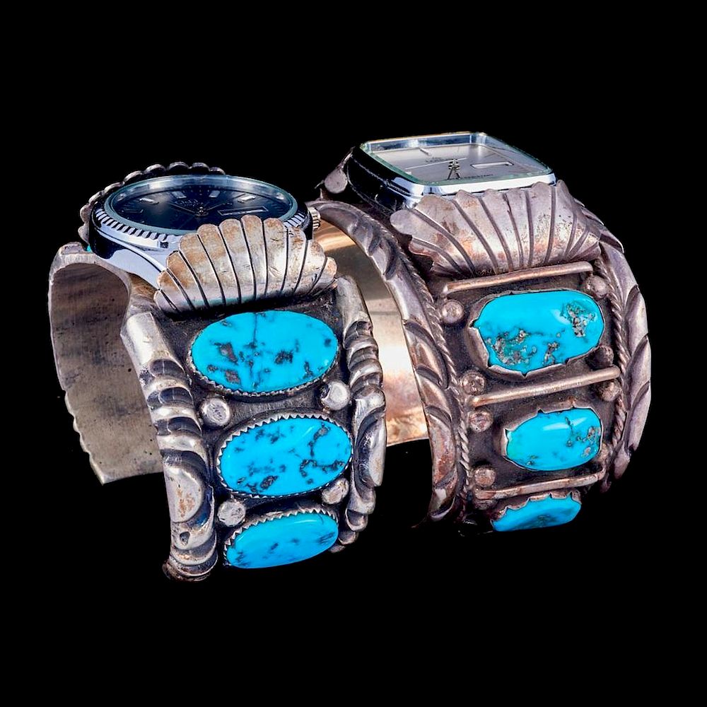 Appraisal: NAVAJO WATCH CUFF BRACELETS Two Old Pawn Southwest turquoise and