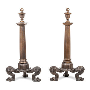 Appraisal: A Pair of Continental Bronze Andirons th Century each topped