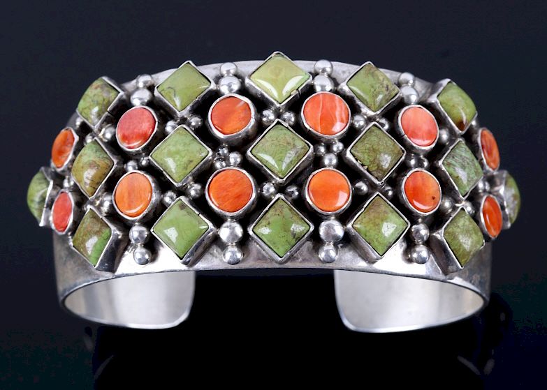 Appraisal: Navajo J W Toadlena Sterling Coral Jade Cuff For your