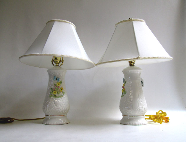 Appraisal: PAIR BELLEEK TABLE LAMPS in Woodland Bouquet Lamp issued designed