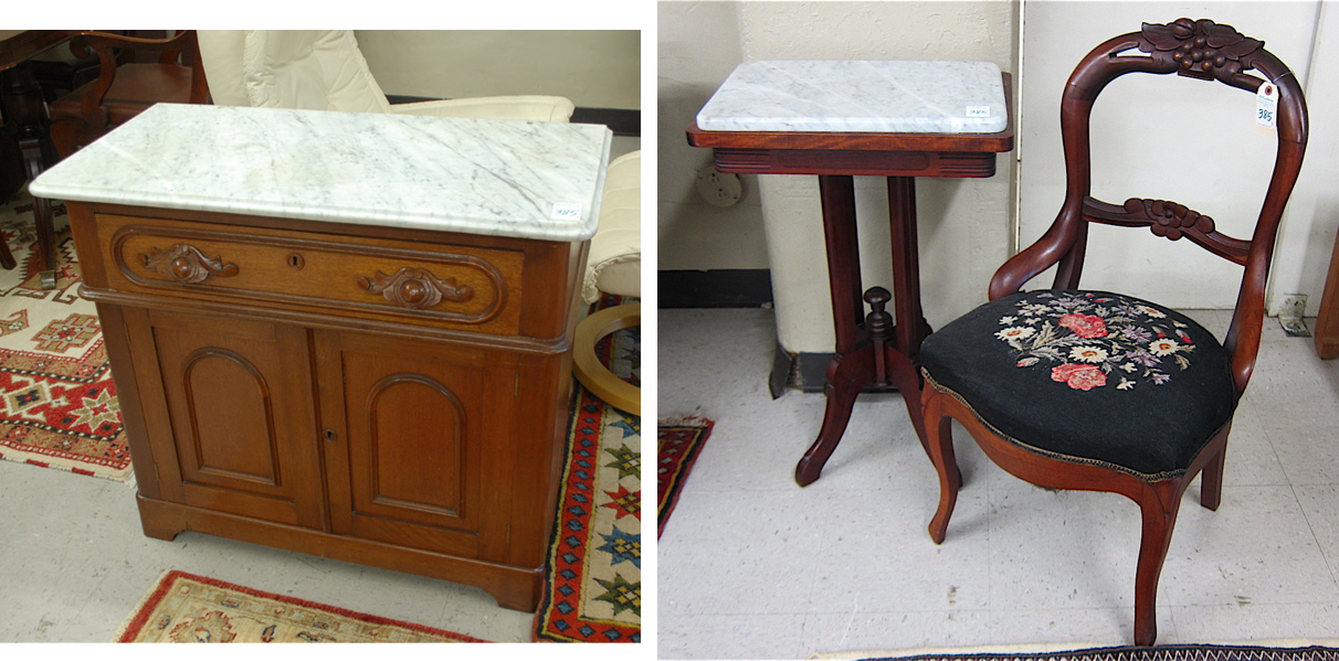 Appraisal: THREE ARTICLES OF AMERICAN VICTORIAN WALNUT FURNITURE marble-top washstand marble-top