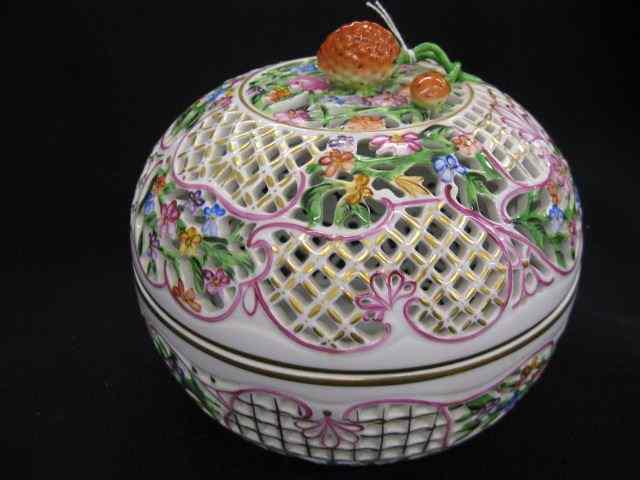 Appraisal: Herend Porcelain Potpourri Box elaborate openwork fruit floral '' tight