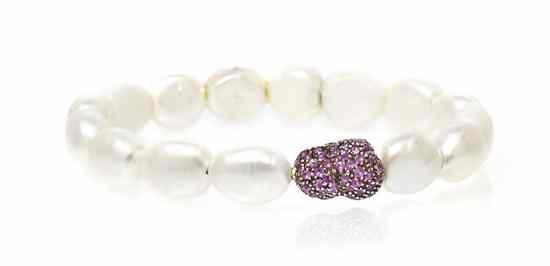 Appraisal: An Karat White Gold Cultured Freshwater Pearl and Sapphire Flexible