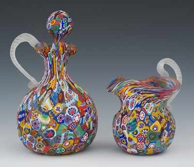 Appraisal: A Millefiori Glass Pitcher and Flask with Stopper The bulbous