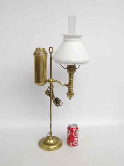 Appraisal: Early brass student lamp with chimney and shade electrified ''