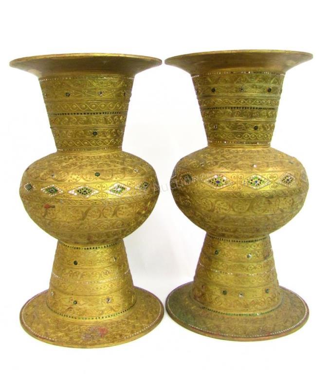 Appraisal: A pair of turned wood decorative urns with painted finish