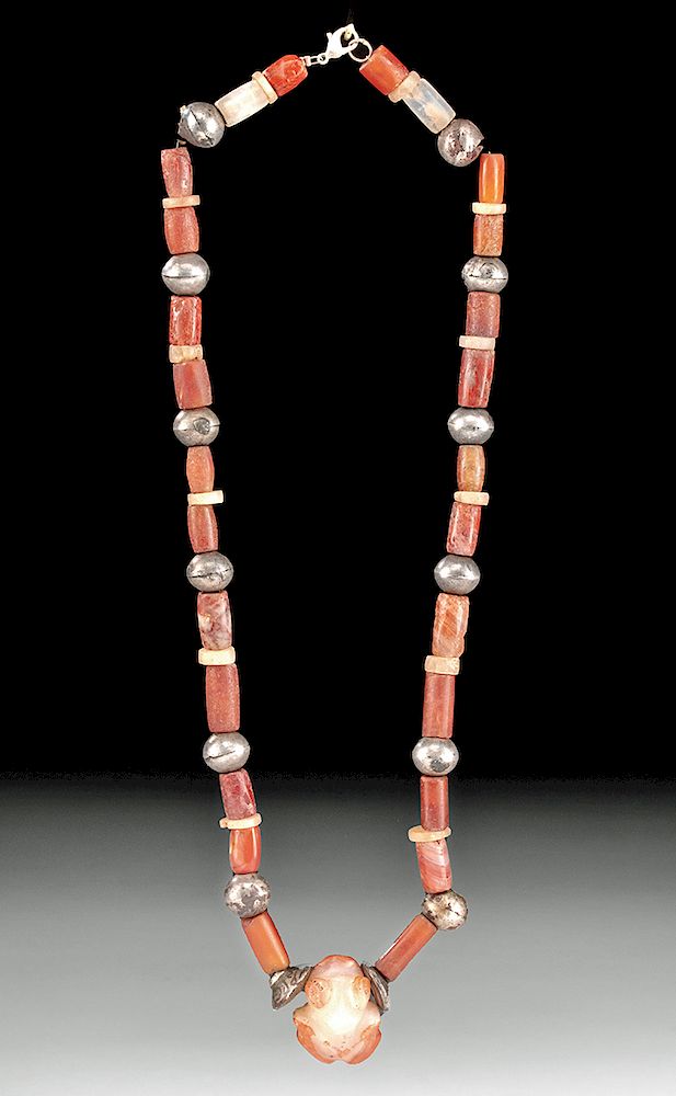 Appraisal: Tairona Carnelian Silver Bead Necklace w Frog Pre-Columbian Colombia Tairona