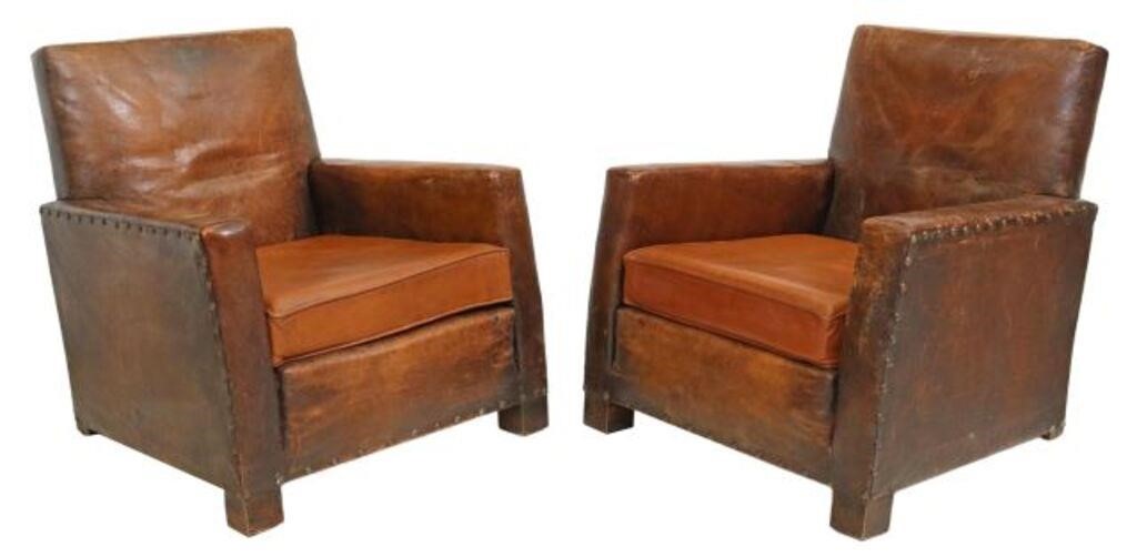 Appraisal: pair French Art Deco leather club chairs c s in