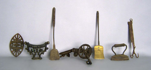 Appraisal: Iron hardware and utensils to include trivets spatula trammel and