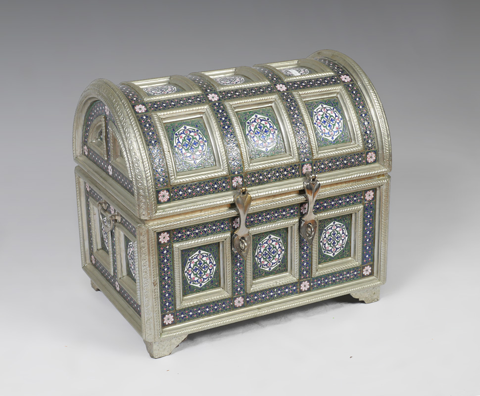 Appraisal: PERSIAN STYLE ENAMELED TRUNK Silver metal clad trunk decorated all