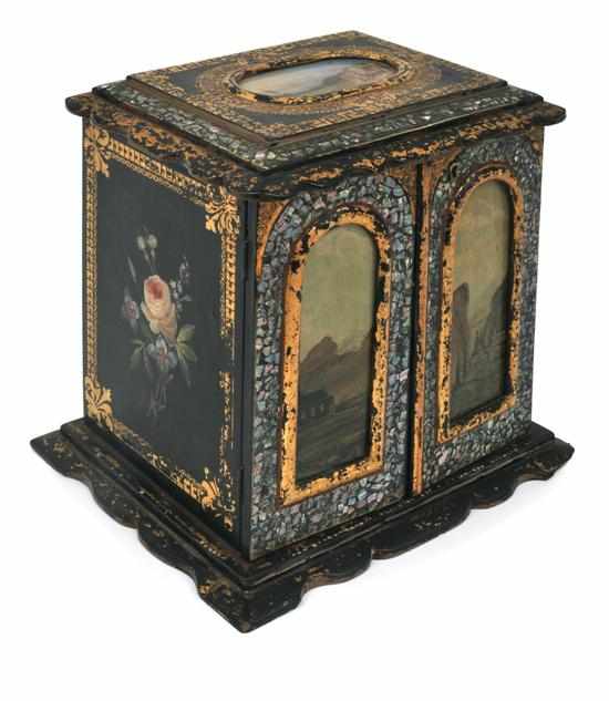 Appraisal: A Victorian papier mache work box with mother of pearl