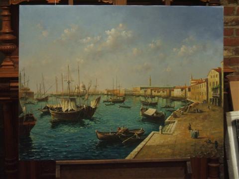 Appraisal: VENICE HARBOR SCENE Oil on canvas x in sight Framed