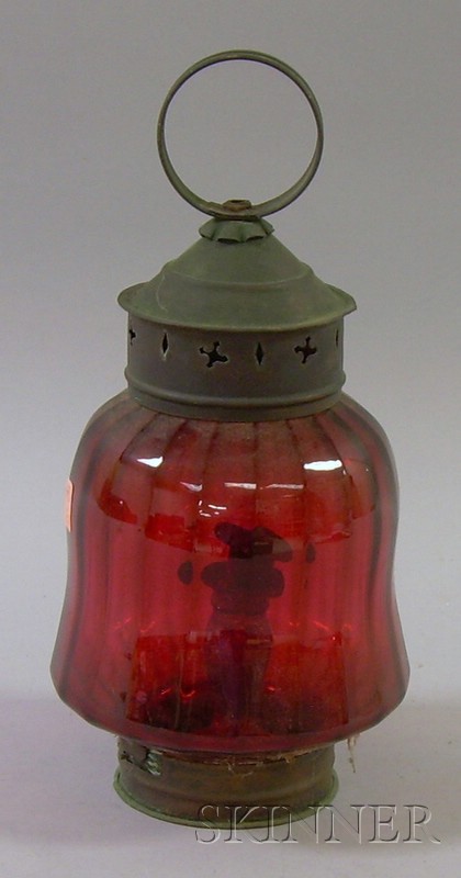 Appraisal: Ribbed Cranberry Glass and Copper Candle Lantern body ht in