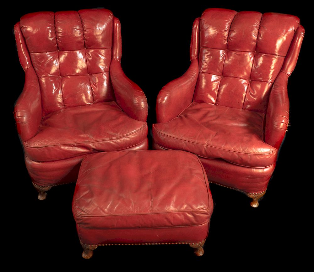 Appraisal: Pr Red Leather Club Chair Circa Pr Red Leather Club