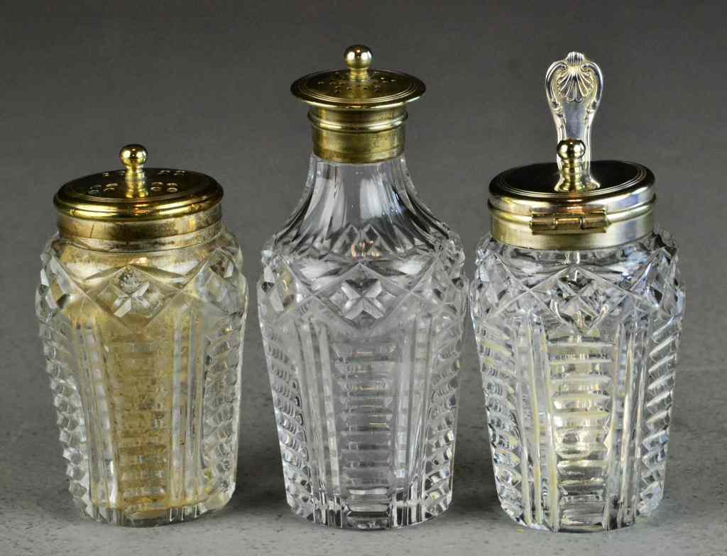 Appraisal: Pcs Sterling and Cut Glass Condiment SetTo include salt and