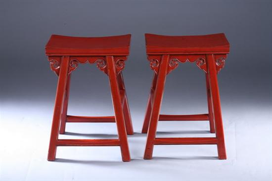 Appraisal: PAIR CHINESE RED LACQUERED ELMWOOD STOOLS th century Rectangular top