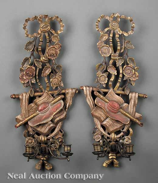 Appraisal: A Pair of Antique French Carved and Polychromed Two-Light Sconces