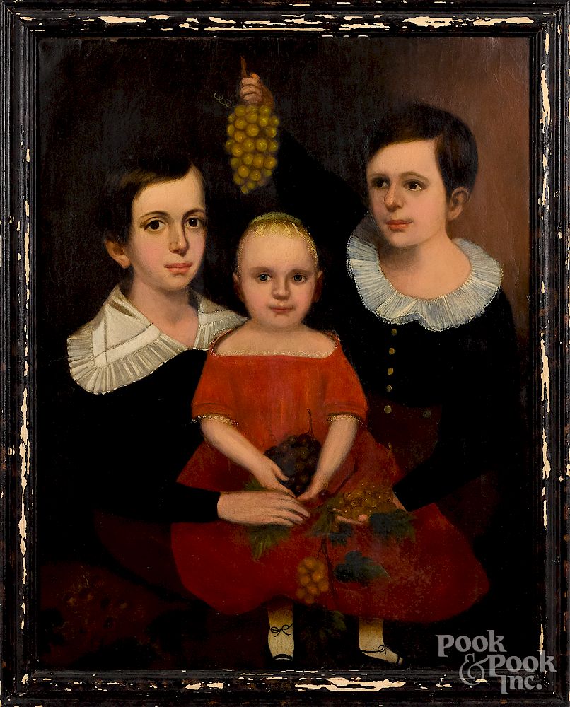 Appraisal: Oil on canvas folk portrait of three children Exclusive on