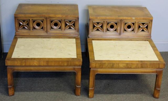 Appraisal: Pair Midcentury Marble Top End Tables Two door upper compartment