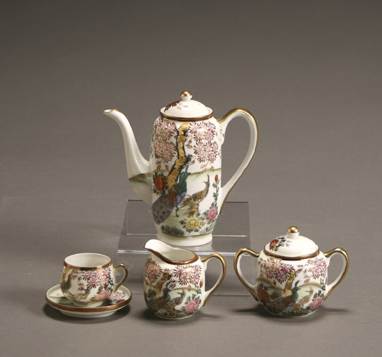 Appraisal: Japanese Porcelain Scenic Peacocks in Landscape Fifteen-Piece Coffee Set Unmarked