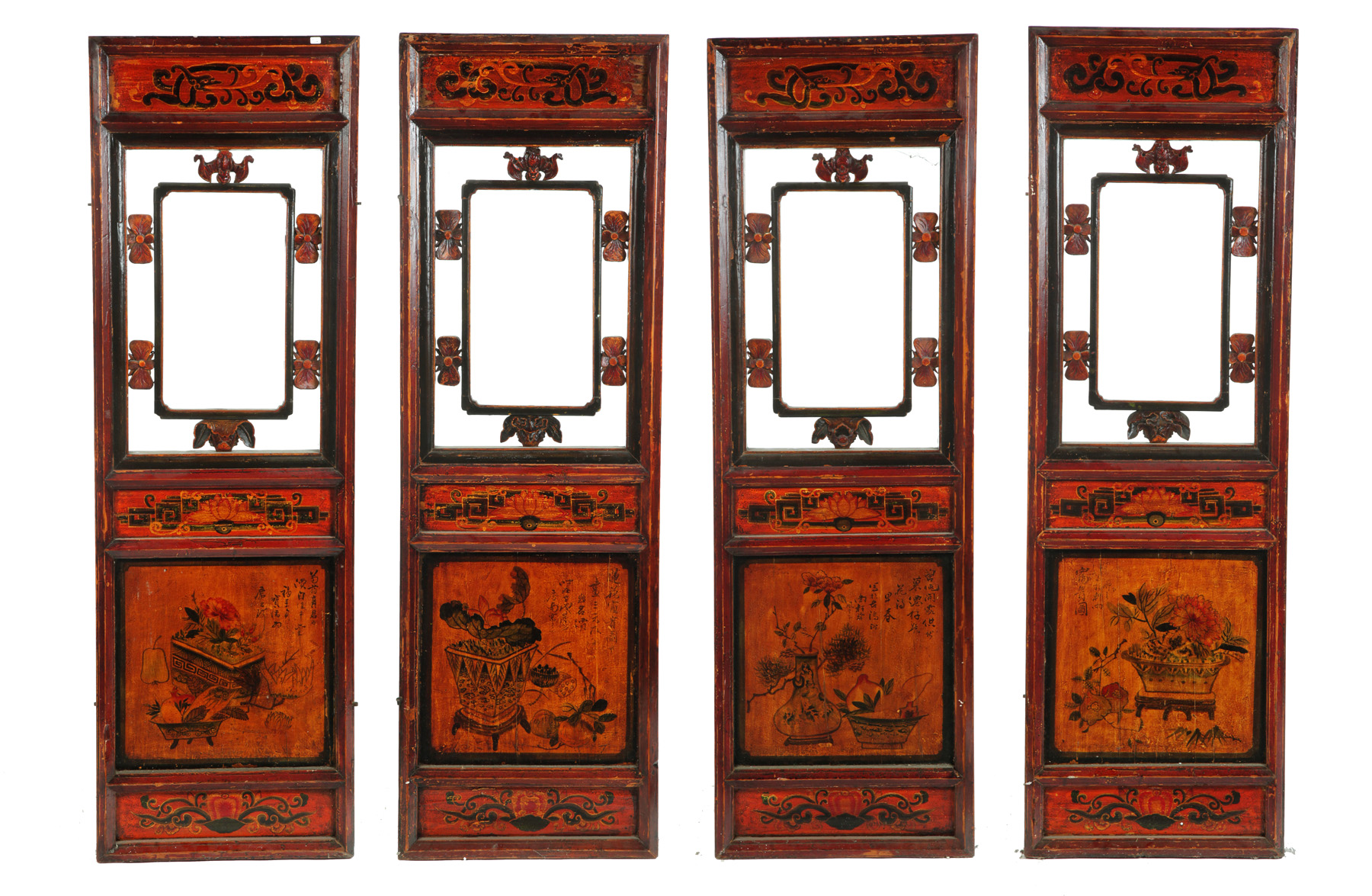 Appraisal: FOUR MONGOLIAN LACQUERED WINDOW PANELS Late th century elm Carved