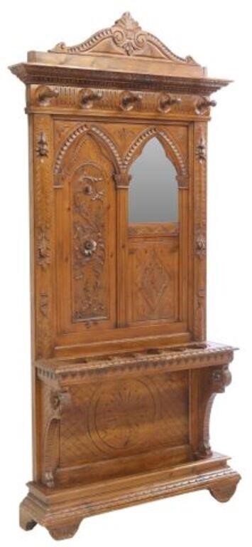 Appraisal: Gothic Revival walnut hall tree late th c having fanned