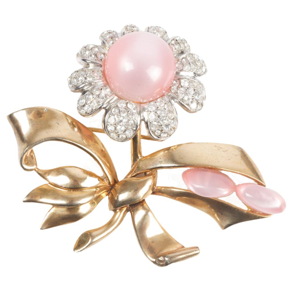 Appraisal: RETRO GOLD WASHED PINK MOONGLOW AND PAVE PETAL FLOWER PIN