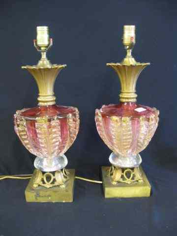 Appraisal: Pair of Murano Art Glass Lamps cranberry to clear body