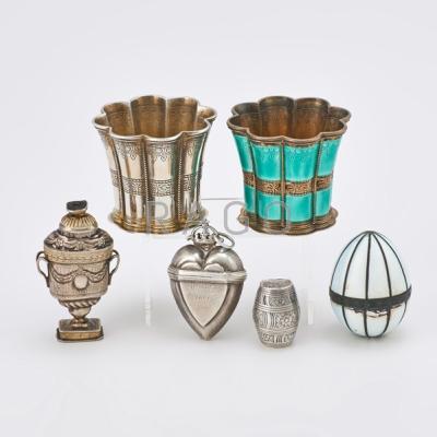 Appraisal: SIX DIMINUTIVE SILVER ACCESSORIES Barrel-shaped nutmeg grater possibly Sylvester Morris