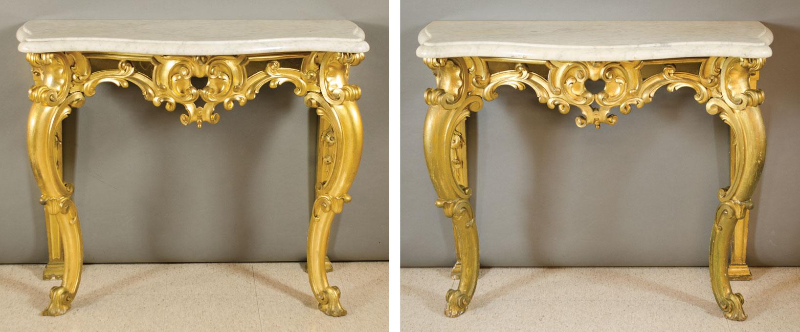 Appraisal: A PAIR OF ROCOCO MARBLE-TOP CARVED GILTWOOD CONSOLE TABLES Continental