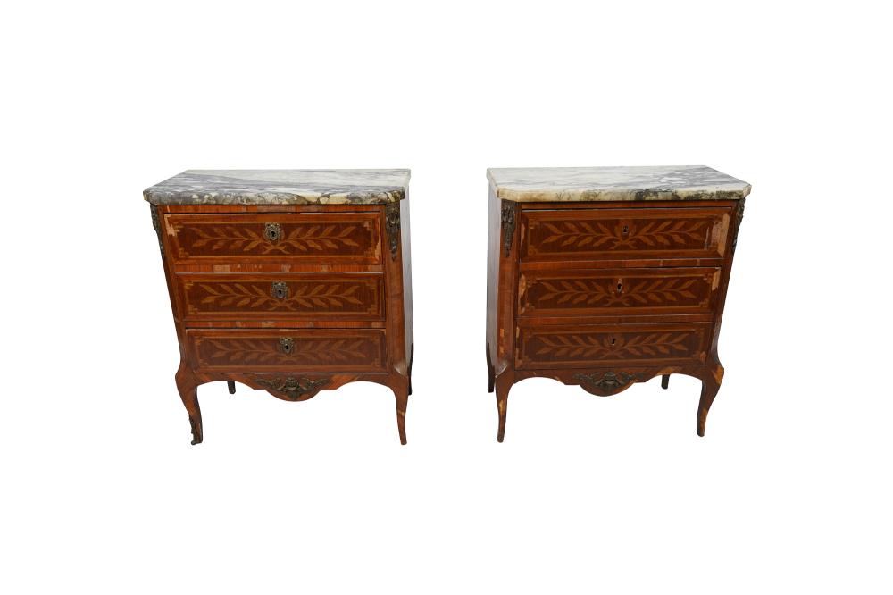 Appraisal: PAIR OF MARQUETRY INLAID MARBLE TOP PETITE COMMODESCondition with loss