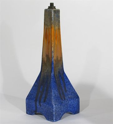 Appraisal: A Ruskin Pottery crystalline glaze lamp base tapering square section