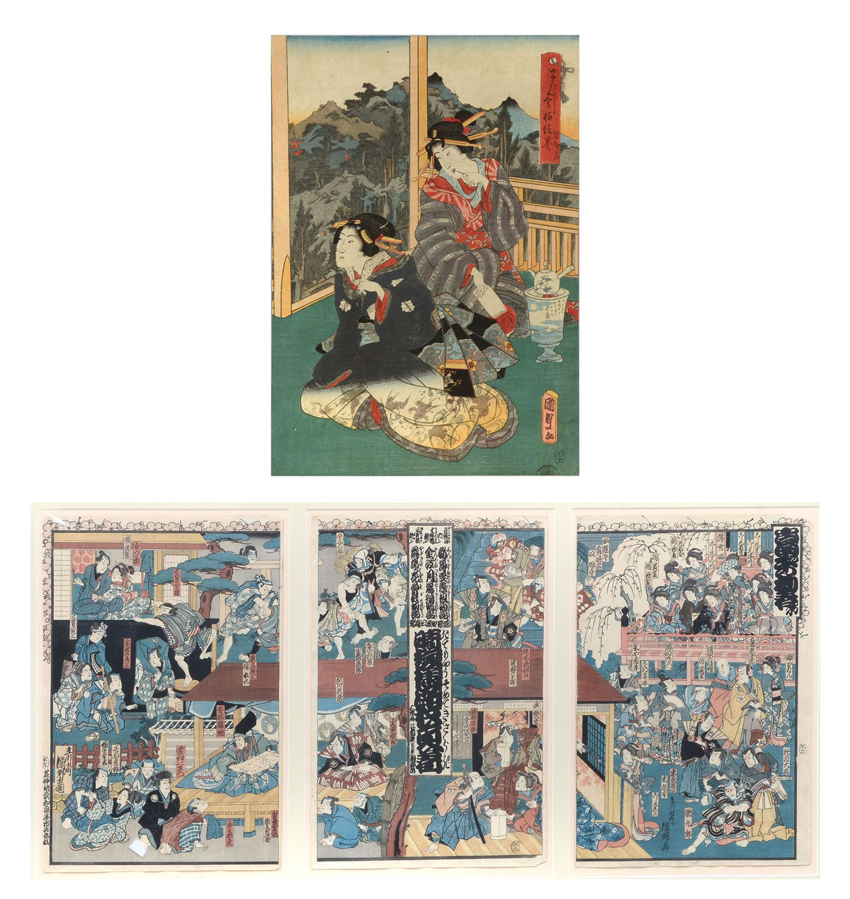 Appraisal: JAPANESE WOODBLOCKS - TRIPTYCH GEISHAS Three Individually Matted th Century