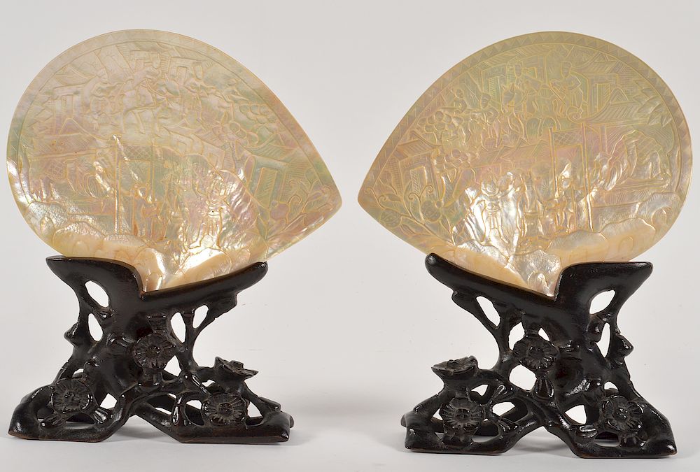 Appraisal: Chinese Mother of Pearl Carved Shells Stands Chinese Mother of