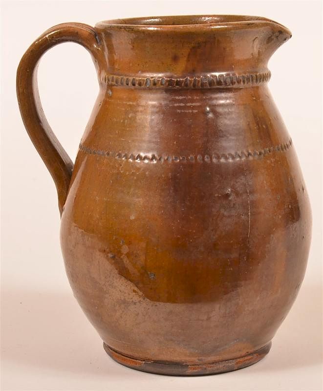 Appraisal: Shooner Redware Medinger Type Pitcher Shooner Redware Pottery Medinger Type