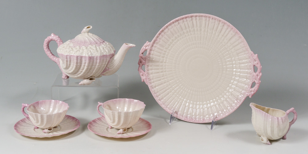 Appraisal: BELLEEK BLACK MARK NEPTUNE CUPS AND SAUCERS piece pink tinted