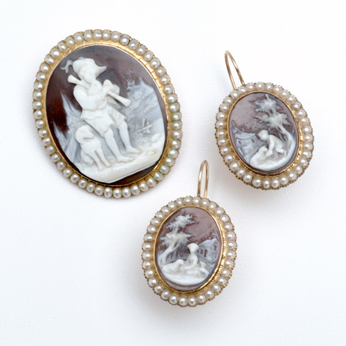 Appraisal: th C cameo and half-pearl brooch with earrings en suite