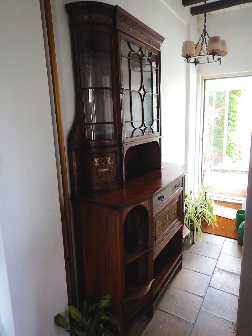 Appraisal: A late Victorian rosewood marquetry side cabinet with glazed display