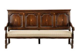 Appraisal: English Paneled Inlaid Oak Hall Bench English last half th