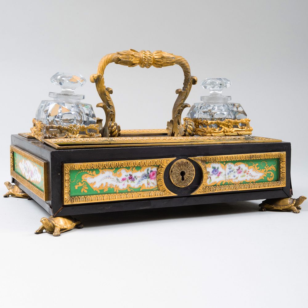 Appraisal: Continental Gilt Metal Inkstand Inset with Porcelain Plaques Fitted with