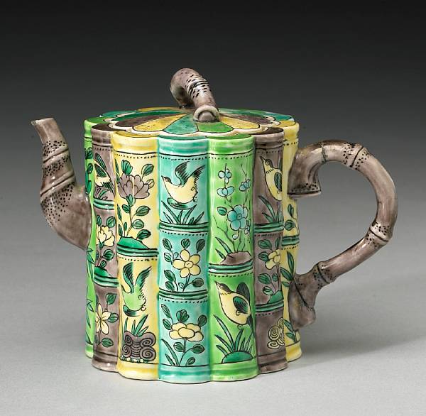 Appraisal: A famille verte enameled porcelain bamboo-form teapot Kangxi Mark and