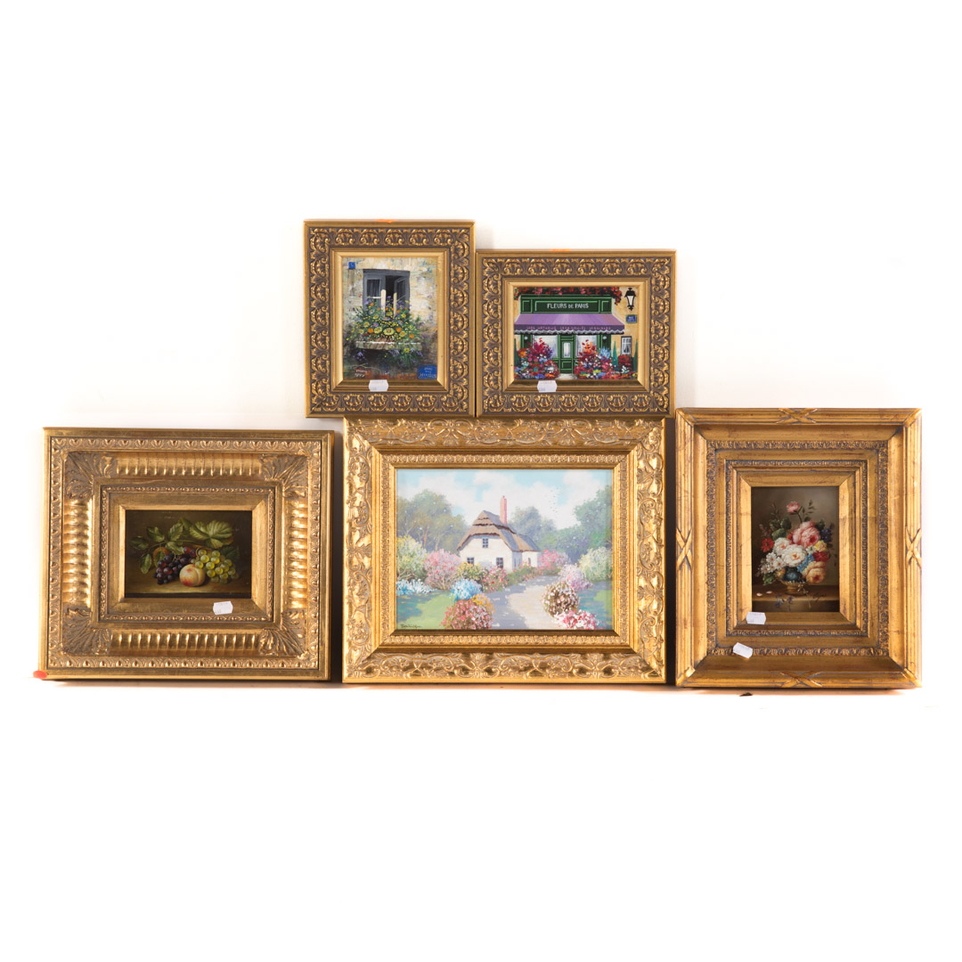 Appraisal: Five framed items including four oils on panel and an