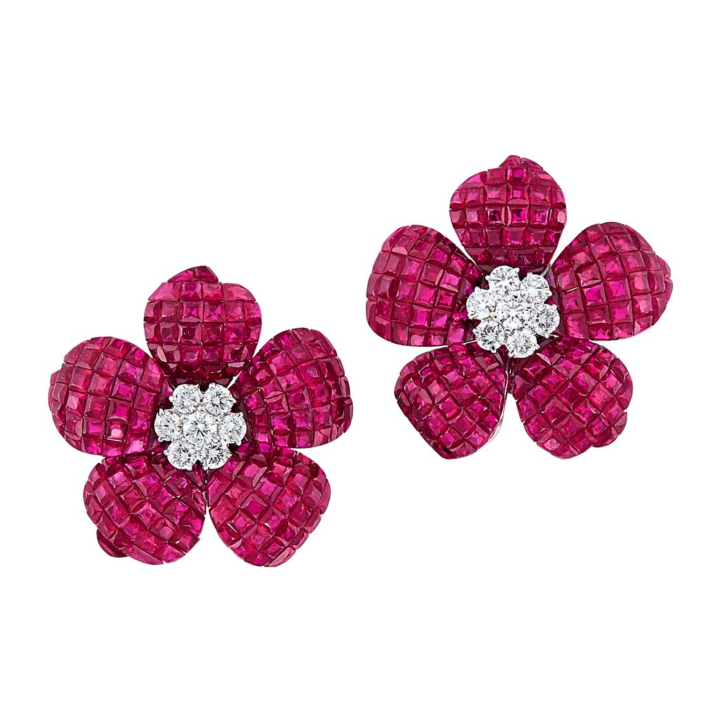 Appraisal: Pair of White Gold Invisibly-Set Ruby and Diamond Flower Earrings